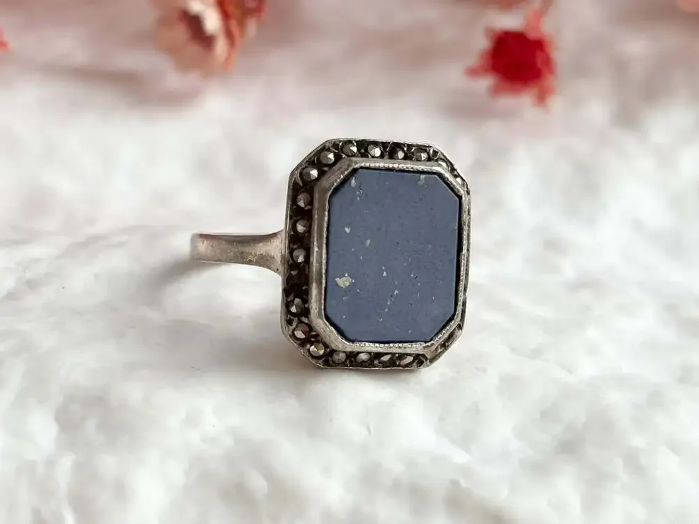 Lapis Lazuli Blue Octagon Shaped Marcasite Framed Gemstone Bezel Set Sterling Si